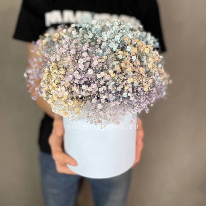 9 Радужных гипсофил в шляпной коробке в Уфе