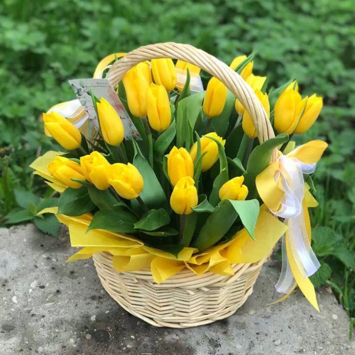 25 желтых тюльпанов в корзине в Уфе