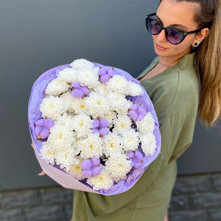  Букет  хризантем и хлопка в Уфе