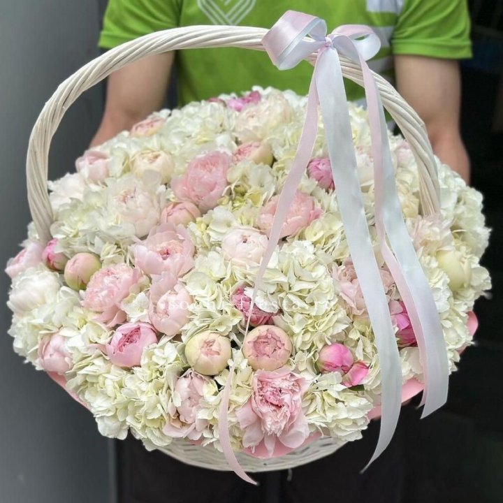 Премиум корзина гортензий и пионов в Уфе